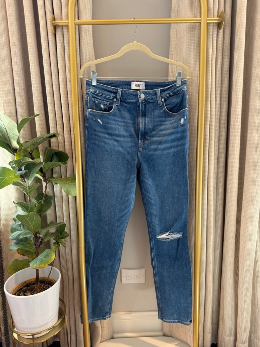 PAIGE Sara Slim Blue Distressed Straight-Leg Jeans
